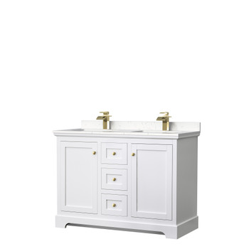 Avery 48 Inch Double Bathroom Vanity In White, Carrara Cultured Marble Countertop, Undermount Square Sinks, Brushed Gold Trim