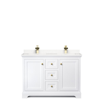 Avery 48 Inch Double Bathroom Vanity In White, Carrara Cultured Marble Countertop, Undermount Square Sinks, Brushed Gold Trim