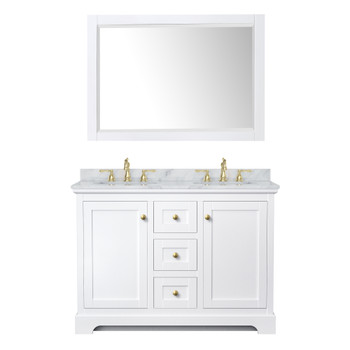 Avery 48 Inch Double Bathroom Vanity In White, White Carrara Marble Countertop, Undermount Oval Sinks, 46 Inch Mirror, Brushed Gold Trim