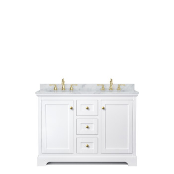 Avery 48 Inch Double Bathroom Vanity In White, White Carrara Marble Countertop, Undermount Oval Sinks, Brushed Gold Trim