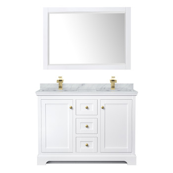 Avery 48 Inch Double Bathroom Vanity In White, White Carrara Marble Countertop, Undermount Square Sinks, 46 Inch Mirror, Brushed Gold Trim