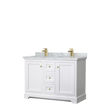 Avery 48 Inch Double Bathroom Vanity In White, White Carrara Marble Countertop, Undermount Square Sinks, Brushed Gold Trim