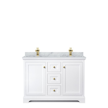 Avery 48 Inch Double Bathroom Vanity In White, White Carrara Marble Countertop, Undermount Square Sinks, Brushed Gold Trim