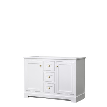 Avery 48 Inch Double Bathroom Vanity In White, No Countertop, No Sinks, Brushed Gold Trim