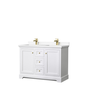 Avery 48 Inch Double Bathroom Vanity In White, White Cultured Marble Countertop, Undermount Square Sinks, Brushed Gold Trim