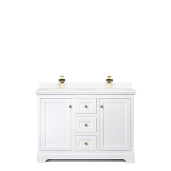 Avery 48 Inch Double Bathroom Vanity In White, White Cultured Marble Countertop, Undermount Square Sinks, Brushed Gold Trim