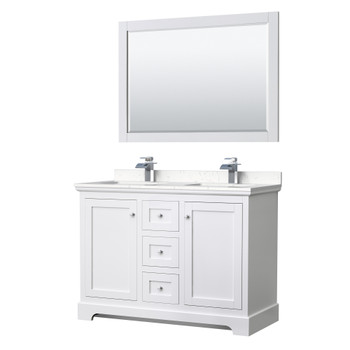 Avery 48 Inch Double Bathroom Vanity In White, Carrara Cultured Marble Countertop, Undermount Square Sinks, 46 Inch Mirror