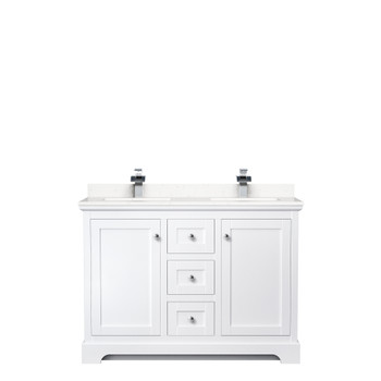 Avery 48 Inch Double Bathroom Vanity In White, Carrara Cultured Marble Countertop, Undermount Square Sinks, No Mirror