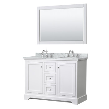 Avery 48 Inch Double Bathroom Vanity In White, White Carrara Marble Countertop, Undermount Oval Sinks, 46 Inch Mirror