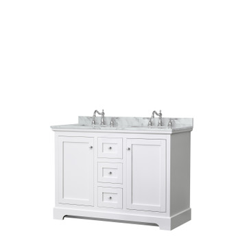 Avery 48 Inch Double Bathroom Vanity In White, White Carrara Marble Countertop, Undermount Oval Sinks, No Mirror