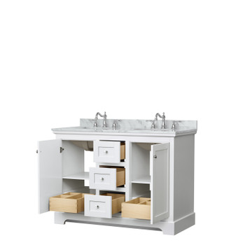 Avery 48 Inch Double Bathroom Vanity In White, White Carrara Marble Countertop, Undermount Oval Sinks, No Mirror