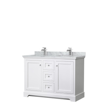 Avery 48 Inch Double Bathroom Vanity In White, White Carrara Marble Countertop, Undermount Square Sinks, No Mirror