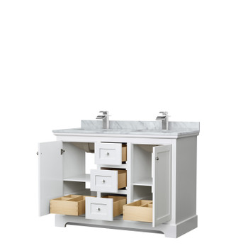 Avery 48 Inch Double Bathroom Vanity In White, White Carrara Marble Countertop, Undermount Square Sinks, No Mirror