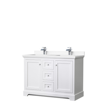 Avery 48 Inch Double Bathroom Vanity In White, White Cultured Marble Countertop, Undermount Square Sinks, No Mirror