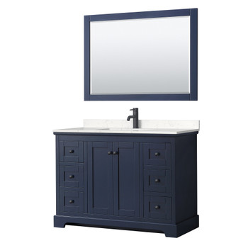 Avery 48 Inch Single Bathroom Vanity In Dark Blue, Carrara Cultured Marble Countertop, Undermount Square Sink, Matte Black Trim, 46 Inch Mirror