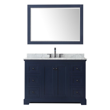 Avery 48 Inch Single Bathroom Vanity In Dark Blue, White Carrara Marble Countertop, Undermount Oval Sink, Matte Black Trim, 46 Inch Mirror