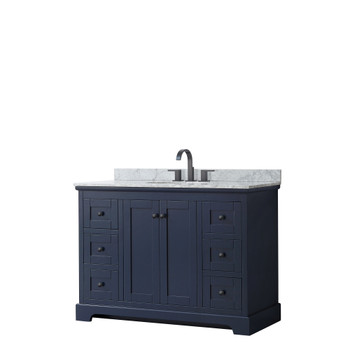 Avery 48 Inch Single Bathroom Vanity In Dark Blue, White Carrara Marble Countertop, Undermount Oval Sink, Matte Black Trim