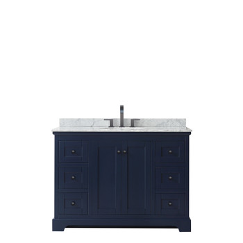 Avery 48 Inch Single Bathroom Vanity In Dark Blue, White Carrara Marble Countertop, Undermount Oval Sink, Matte Black Trim