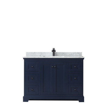 Avery 48 Inch Single Bathroom Vanity In Dark Blue, White Carrara Marble Countertop, Undermount Square Sink, Matte Black Trim