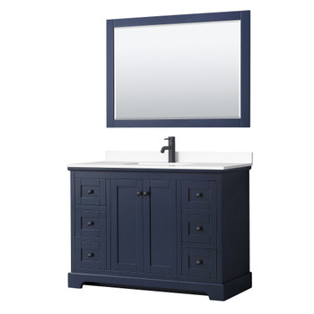 Avery 48 Inch Single Bathroom Vanity In Dark Blue, White Cultured Marble Countertop, Undermount Square Sink, Matte Black Trim, 46 Inch Mirror