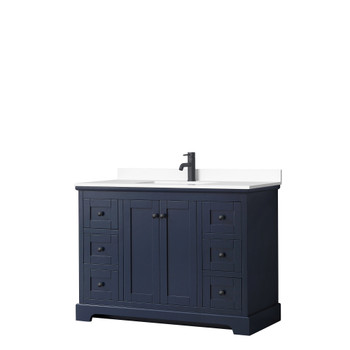 Avery 48 Inch Single Bathroom Vanity In Dark Blue, White Cultured Marble Countertop, Undermount Square Sink, Matte Black Trim