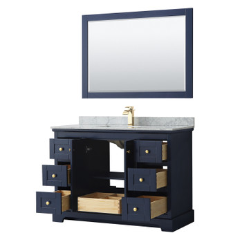 Avery 48 Inch Single Bathroom Vanity In Dark Blue, White Carrara Marble Countertop, Undermount Square Sink, And 46 Inch Mirror