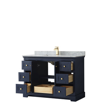 Avery 48 Inch Single Bathroom Vanity In Dark Blue, White Carrara Marble Countertop, Undermount Square Sink, And No Mirror