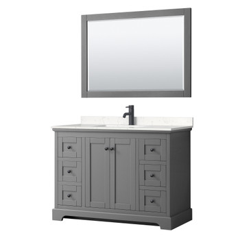 Avery 48 Inch Single Bathroom Vanity In Dark Gray, Carrara Cultured Marble Countertop, Undermount Square Sink, Matte Black Trim, 46 Inch Mirror