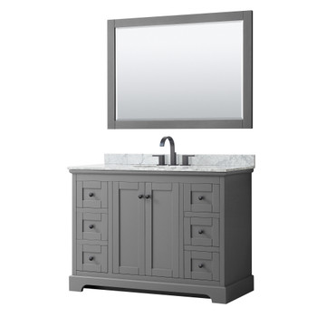 Avery 48 Inch Single Bathroom Vanity In Dark Gray, White Carrara Marble Countertop, Undermount Oval Sink, Matte Black Trim, 46 Inch Mirror