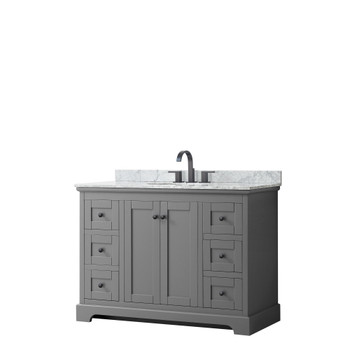 Avery 48 Inch Single Bathroom Vanity In Dark Gray, White Carrara Marble Countertop, Undermount Oval Sink, Matte Black Trim