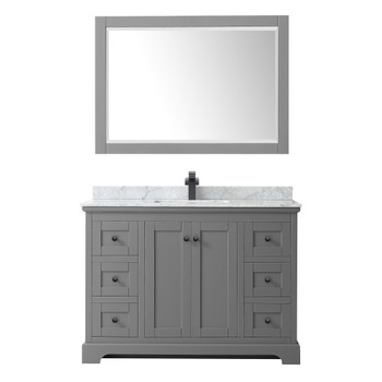 Avery 48 Inch Single Bathroom Vanity In Dark Gray, White Carrara Marble Countertop, Undermount Square Sink, Matte Black Trim, 46 Inch Mirror