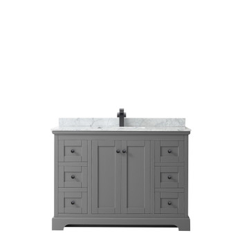 Avery 48 Inch Single Bathroom Vanity In Dark Gray, White Carrara Marble Countertop, Undermount Square Sink, Matte Black Trim
