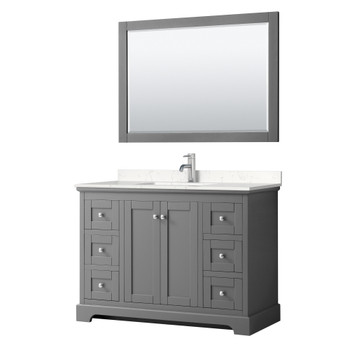 Avery 48 Inch Single Bathroom Vanity In Dark Gray, Carrara Cultured Marble Countertop, Undermount Square Sink, 46 Inch Mirror