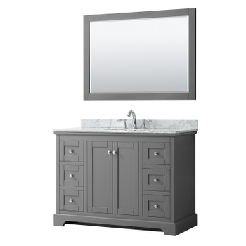 Avery 48 Inch Single Bathroom Vanity In Dark Gray, White Carrara Marble Countertop, Undermount Oval Sink, And 46 Inch Mirror