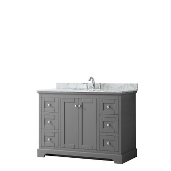 Avery 48 Inch Single Bathroom Vanity In Dark Gray, White Carrara Marble Countertop, Undermount Oval Sink, And No Mirror