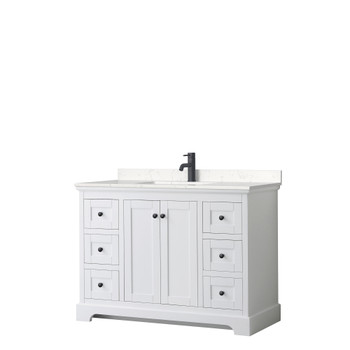 Avery 48 Inch Single Bathroom Vanity In White, Carrara Cultured Marble Countertop, Undermount Square Sink, Matte Black Trim