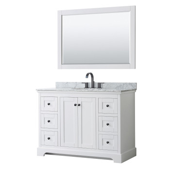 Avery 48 Inch Single Bathroom Vanity In White, White Carrara Marble Countertop, Undermount Oval Sink, Matte Black Trim, 46 Inch Mirror