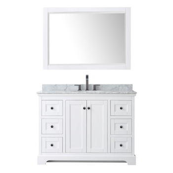 Avery 48 Inch Single Bathroom Vanity In White, White Carrara Marble Countertop, Undermount Oval Sink, Matte Black Trim, 46 Inch Mirror