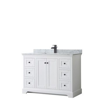 Avery 48 Inch Single Bathroom Vanity In White, White Carrara Marble Countertop, Undermount Square Sink, Matte Black Trim