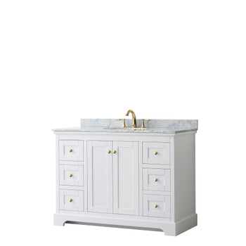 Avery 48 Inch Single Bathroom Vanity In White, White Carrara Marble Countertop, Undermount Oval Sink, Brushed Gold Trim