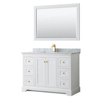 Avery 48 Inch Single Bathroom Vanity In White, White Carrara Marble Countertop, Undermount Square Sink, 46 Inch Mirror, Brushed Gold Trim