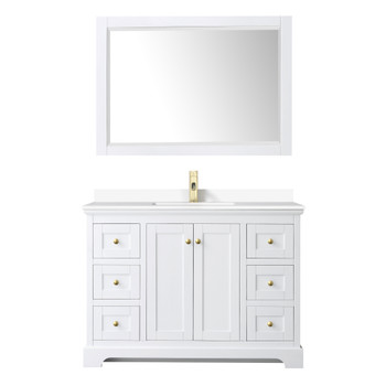 Avery 48 Inch Single Bathroom Vanity In White, White Cultured Marble Countertop, Undermount Square Sink, 46 Inch Mirror, Brushed Gold Trim