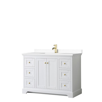 Avery 48 Inch Single Bathroom Vanity In White, White Cultured Marble Countertop, Undermount Square Sink, Brushed Gold Trim