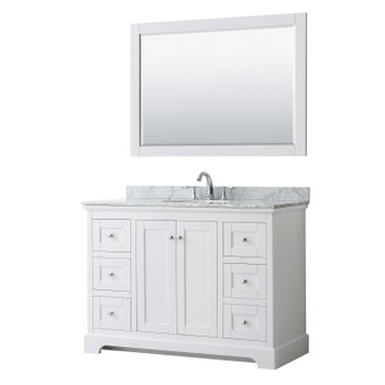 Avery 48 Inch Single Bathroom Vanity In White, White Carrara Marble Countertop, Undermount Oval Sink, And 46 Inch Mirror