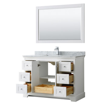 Avery 48 Inch Single Bathroom Vanity In White, White Carrara Marble Countertop, Undermount Square Sink, And 46 Inch Mirror