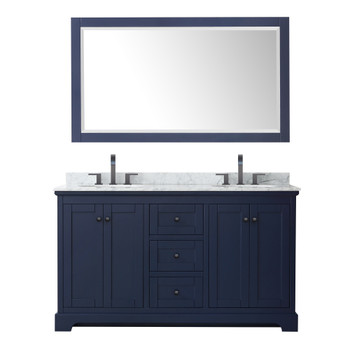 Avery 60 Inch Double Bathroom Vanity In Dark Blue, White Carrara Marble Countertop, Undermount Oval Sinks, Matte Black Trim, 58 Inch Mirror