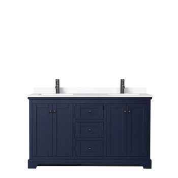 Avery 60 Inch Double Bathroom Vanity In Dark Blue, White Cultured Marble Countertop, Undermount Square Sinks, Matte Black Trim