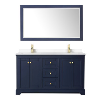 Avery 60 Inch Double Bathroom Vanity In Dark Blue, White Cultured Marble Countertop, Undermount Square Sinks, 58 Inch Mirror