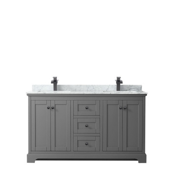 Avery 60 Inch Double Bathroom Vanity In Dark Gray, White Carrara Marble Countertop, Undermount Square Sinks, Matte Black Trim
