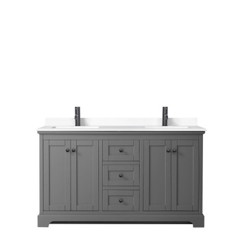 Avery 60 Inch Double Bathroom Vanity In Dark Gray, White Cultured Marble Countertop, Undermount Square Sinks, Matte Black Trim